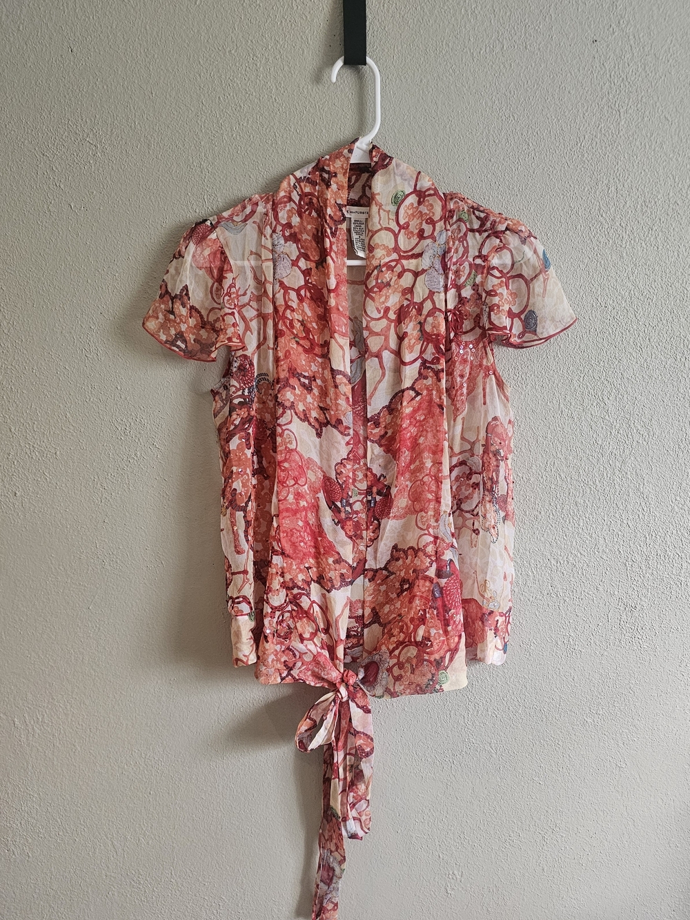 DIANE VON FURSTENBERG Silk Chiffon Floral Beaded Tie Front Blouse in Pink Size 6